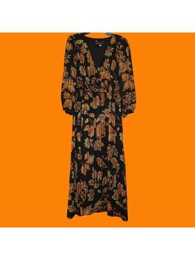 Maison Tara Floral Black & Orange Maxi Dress With Smocked Waist & Long Sleeves